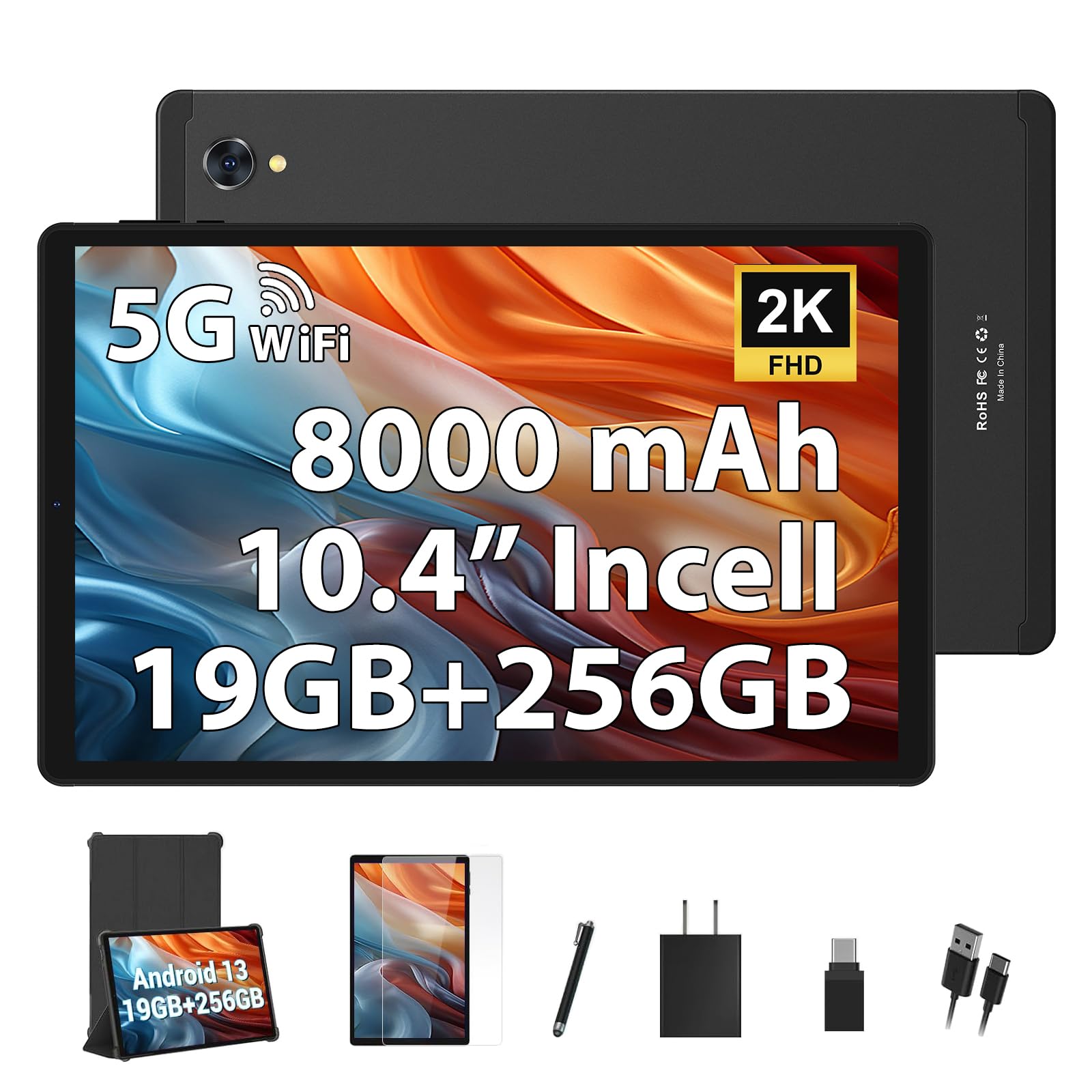 POWMUS 10.4 Inch Android Tablet (2025 Model) - 8GB RAM + 256GB Storage, 2K IPS Display, Octa-Core Processor, 1TB Expandable, 8000mAh Battery | Perfect for Work, Study & Entertainment | 2.4G/5G WiFi, Bluetooth 5.0, GPS | Black
