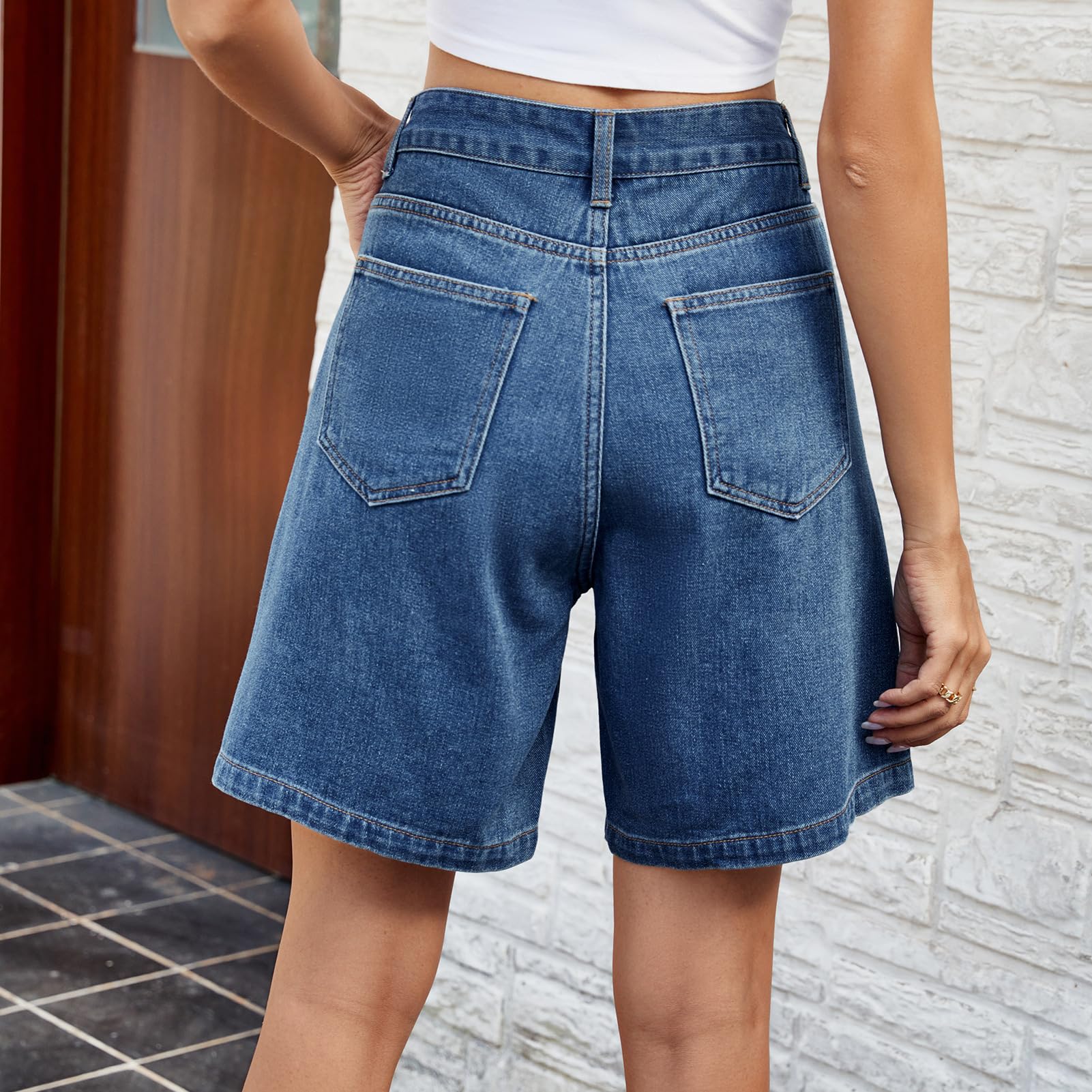 Women's High Waisted Knee Length Denim Shorts with Adjustable Button Waist - Bermuda Long Jean Shorts for Teen Girls | Perfect for Summer, Beach, Casual Wear & Street Style