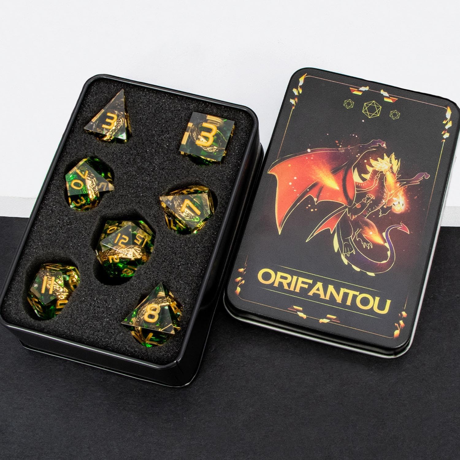 Premium Lord of The Rings Themed Polyhedral Dice Set - 7-Piece Sharp Edge Green RPG Dice (D4 D6 D8 D10 D12 D20) with Collector's Box - Perfect for Dungeons & Dragons, Magic: The Gathering, LOTR Tabletop Games & Fantasy Roleplaying Adventures
