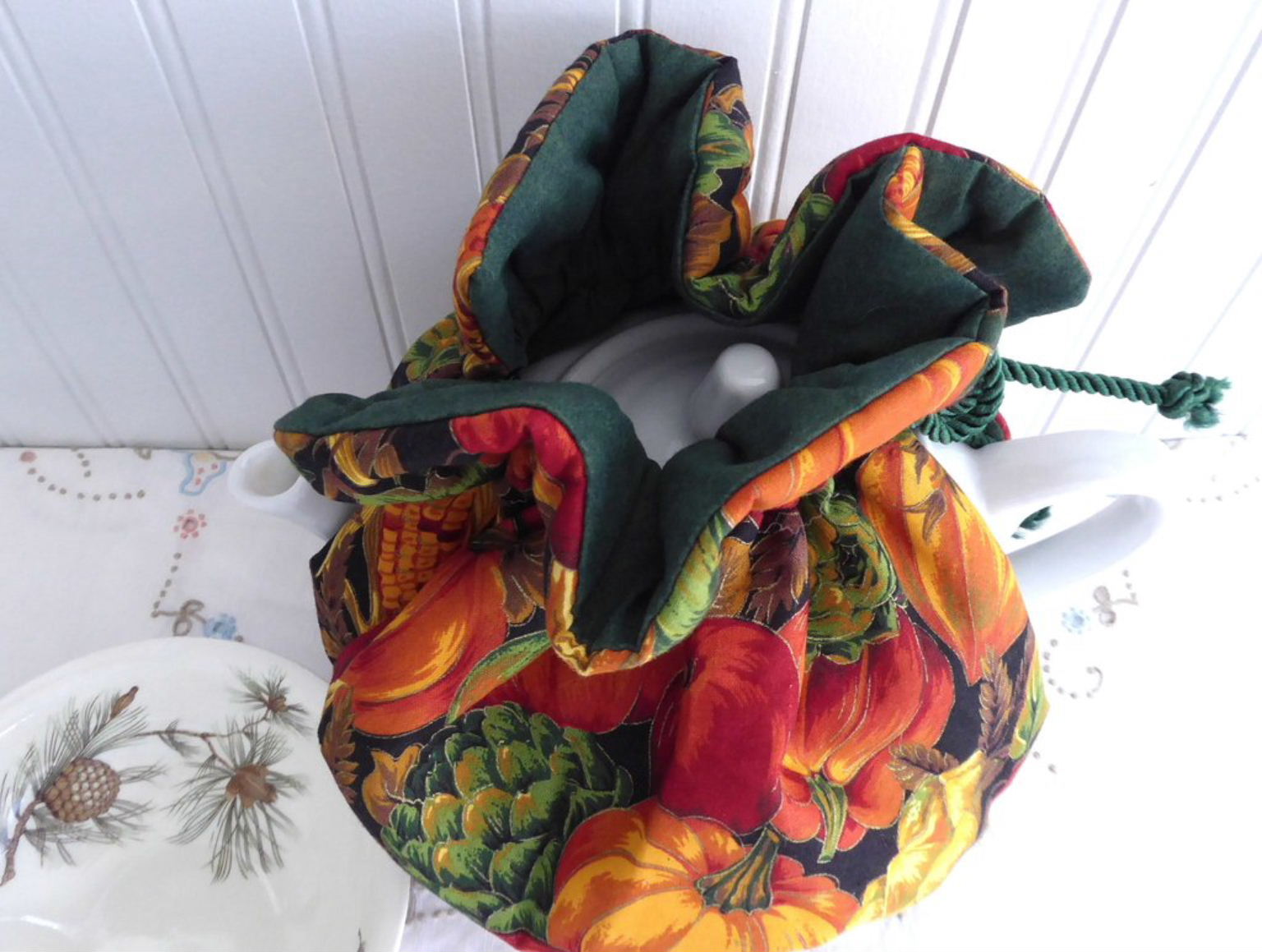 Handmade Reversible Fall Tea Cozy - Padded Green Cord & Lining with Pumpkin & Apple Design - Perfect for Autumn Tea Parties & Cozy Home Decor (USA Made)