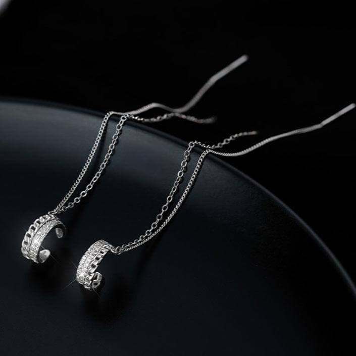 Silver Tassel Two Hole Link Chain Ear Cuff Earrings for Women | Boho Chic Jewelry for Parties, Weddings & Everyday Wear | R2772