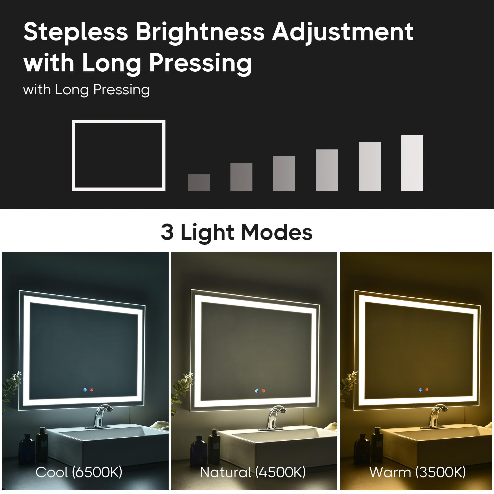 Aquaterior 32x24 Inch LED Bathroom Mirror with Anti-Fog, Touch Switch & Dimmable Lighting - Horizontal/Vertical Wall Mounted Makeup Vanity Mirror for Modern Bathrooms, Powder Rooms and Dressing Areas