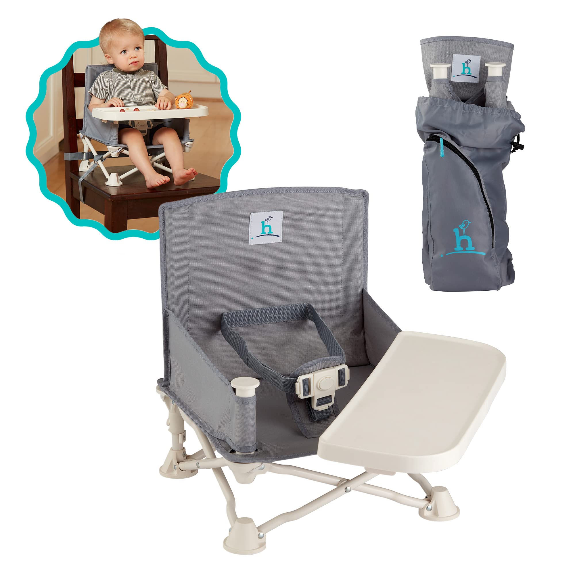 Hiccapop OmniBoost Portable Baby Booster Seat with Tray - Foldable Travel High Chair for Dining, Camping, Beach & Grandma's House | Tip-Free Design with Secure Straps for Kitchen Chairs | Perfect for Restaurants, Picnics & Family Gatherings