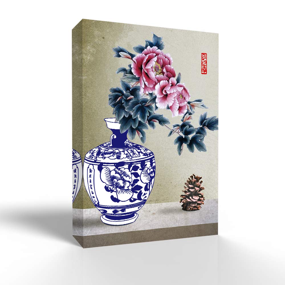 Blue and White Porcelain Canvas Wall Art - 32x48 Inch Framed Painting for Bedroom & Living Room Decor | Vintage Home Decor, Housewarming Gift, Office Wall Art