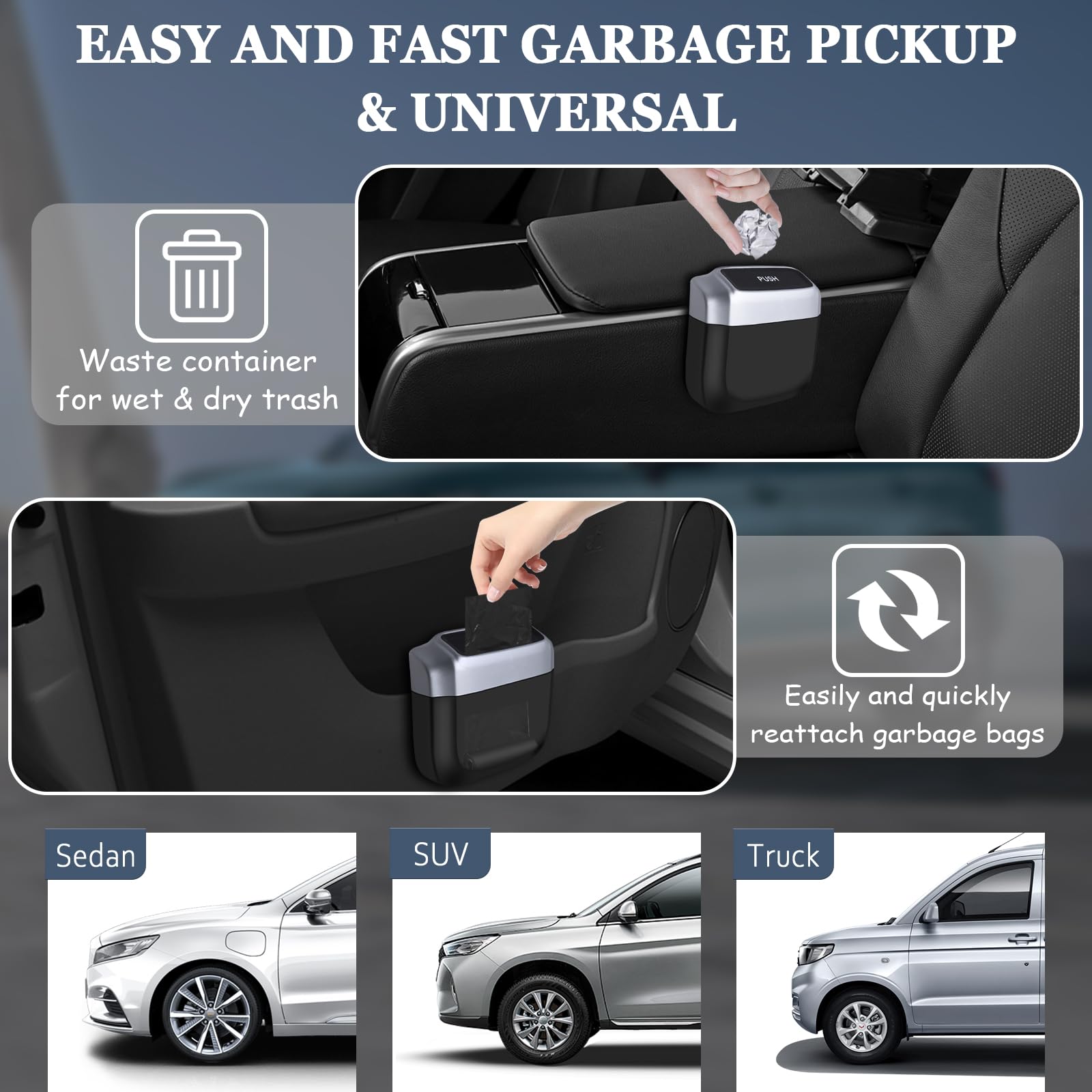 Leak Proof Car Trash Can with Lid - Universal Mini Vehicle Garbage Bin with 60 Trash Bags | Car Organizer Storage for Office, Home & Front Seat Accessories (Silvery) | Perfect for Road Trips, Commuting & Keeping Your Car Clean