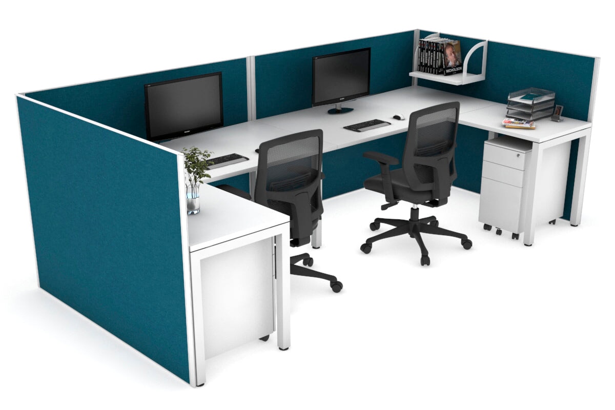 Quadro Square Legs 2-Person Corner Workstation - U-Shaped Office Desk with White Frame (1400L x 1800W) | Cable Management Scallop | Perfect for Home Office & Small Business Workspaces