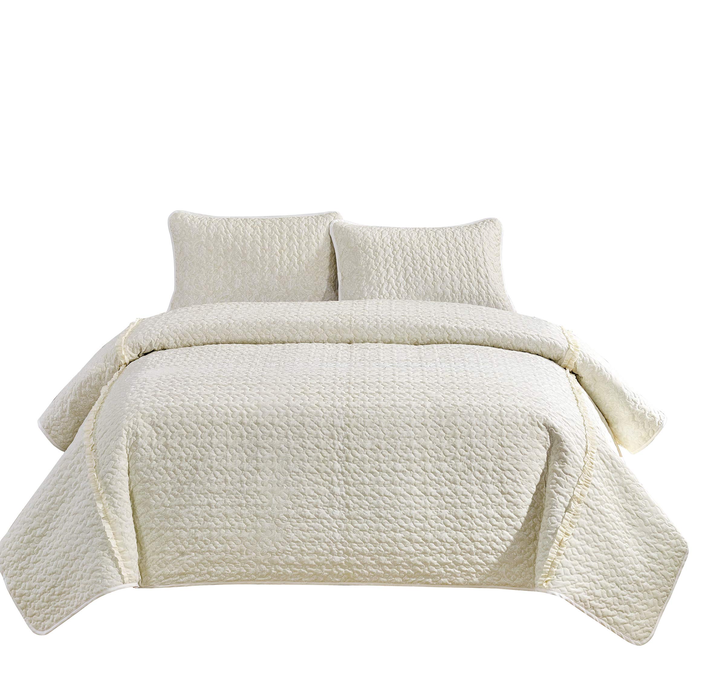 King Size 3-Piece Cotton Blend Quilt Set - Floral Printed Bedspread Coverlet with Pillow Shams in Beige & Ivory | Soft Luxury Bedding for Master Bedroom, Guest Room & Hotel Decor