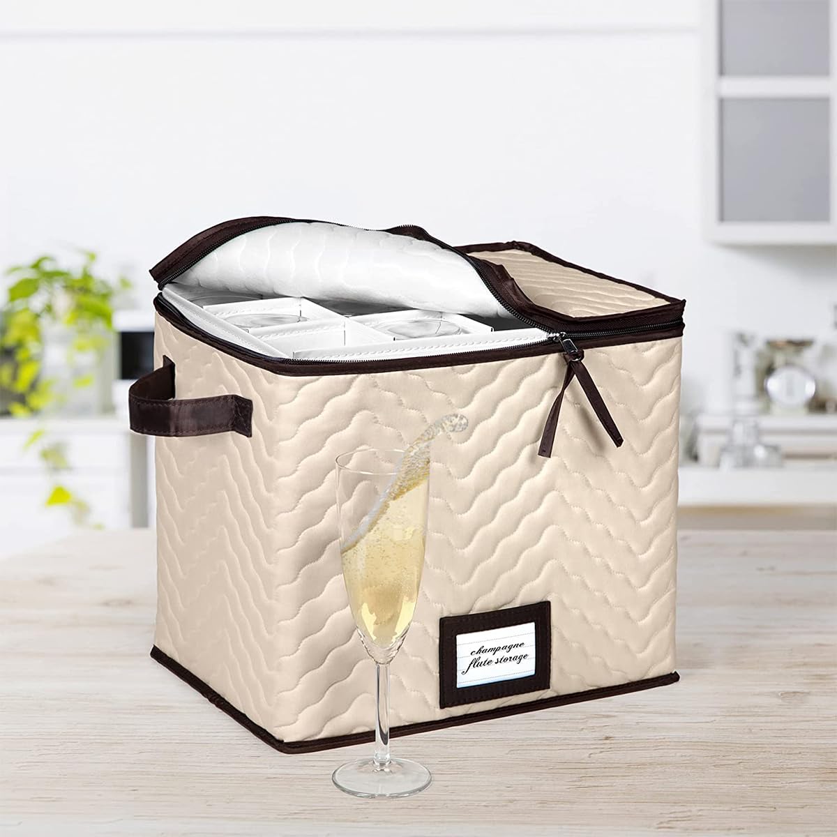 HOLDN’ STORAGE Wine Glass Organizer with Dividers - Set of 2 Durable Quilted Stemware Storage Cases, Holds 12 Champagne Flute Glasses Up To 11