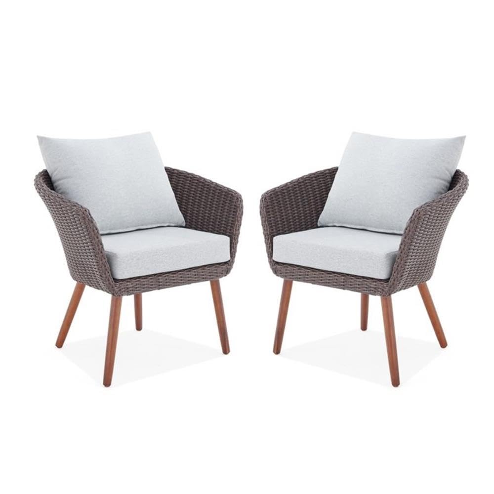 Athens All-Weather Brown Wicker Outdoor Patio Chairs with Removable Light Gray Cushions (Set of 2) - Durable Weather-Resistant Rattan Furniture for Garden, Poolside, Deck or Backyard Relaxation