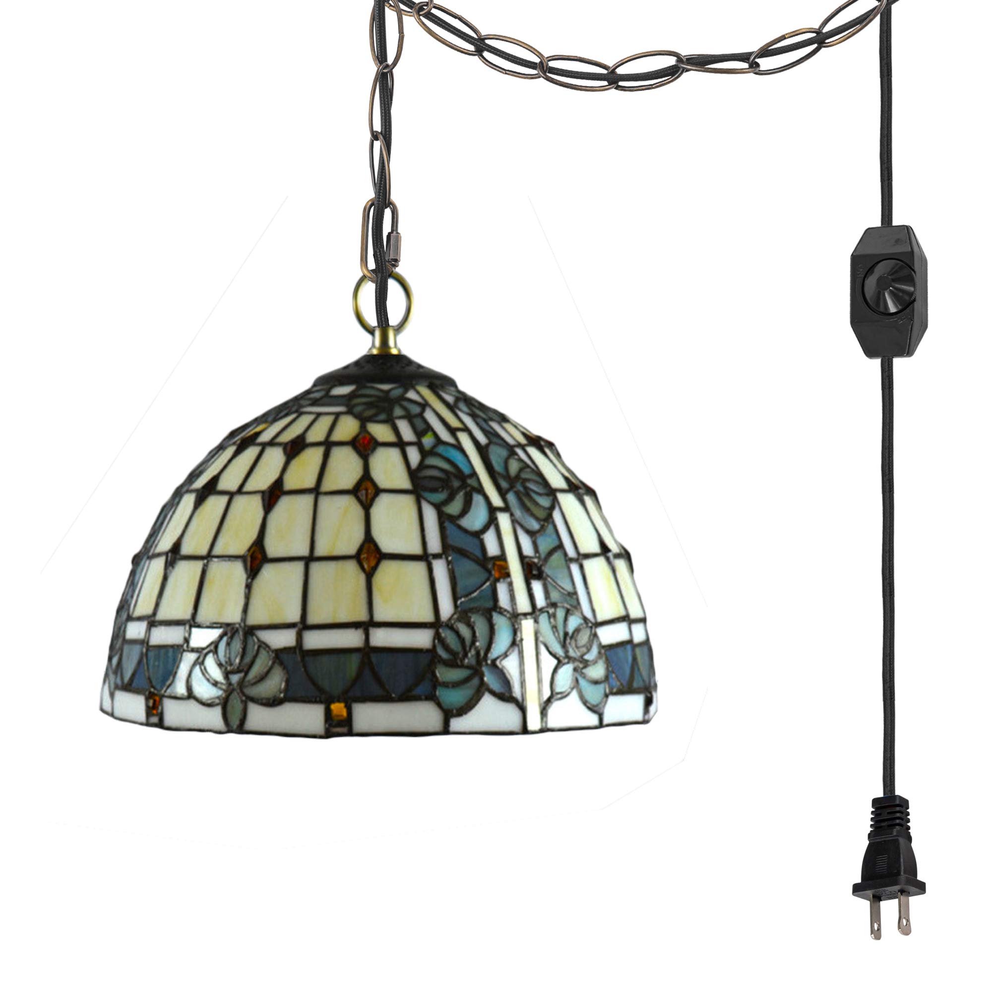 Portable Tiffany Style Hanging Swag Lamp - No Wiring Needed, 15ft Plug-in Dimmer Switch, Stained Glass Canary Droplet Chandelier, Baroque Iron Cord Design | Perfect for Bedroom, Living Room, Dining Room & Home Decor