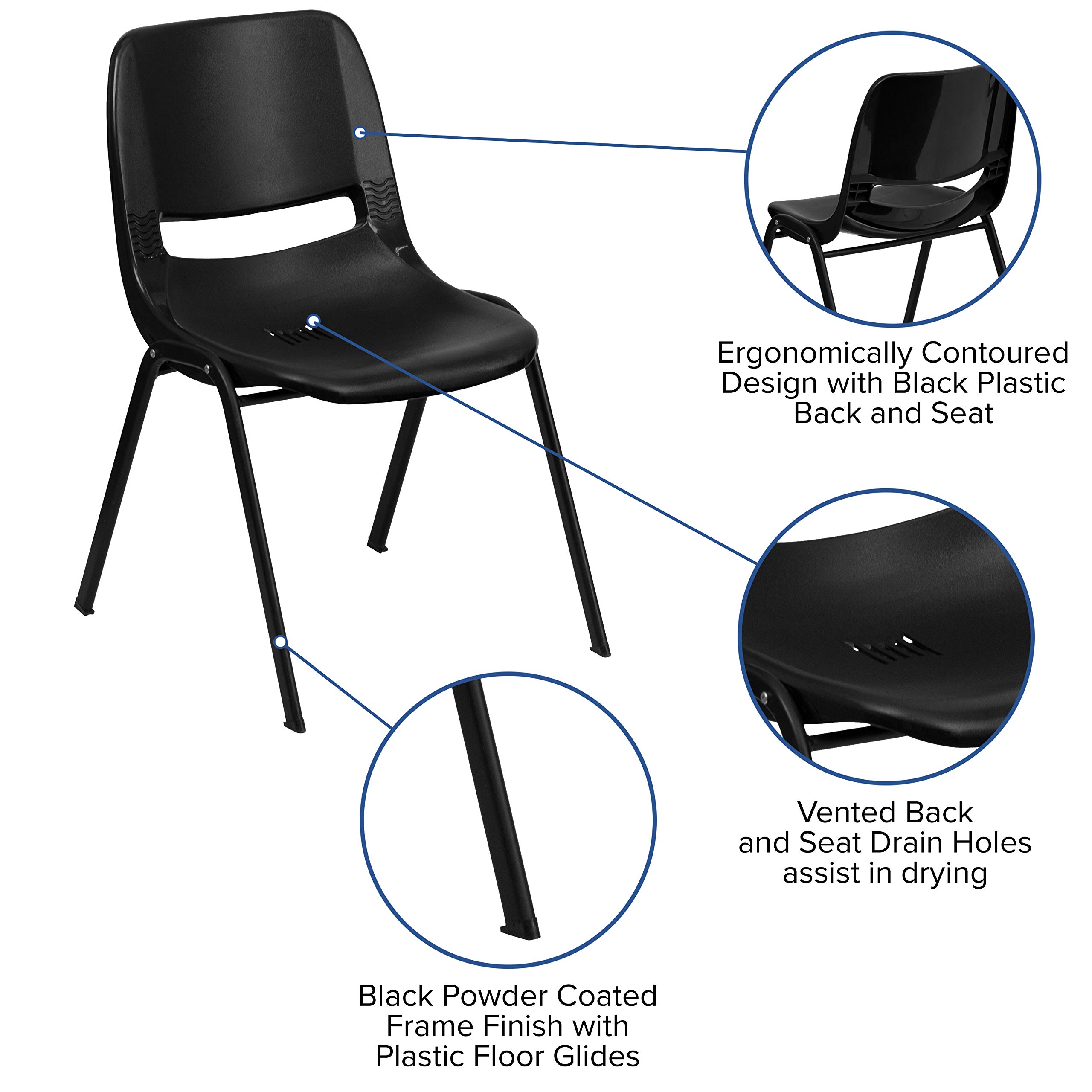 EMMA + OLIVER Black Ergonomic Shell Student Stack Chair - Comfortable Classroom & Office Guest Chair for School, Conference Room, and Home Study
