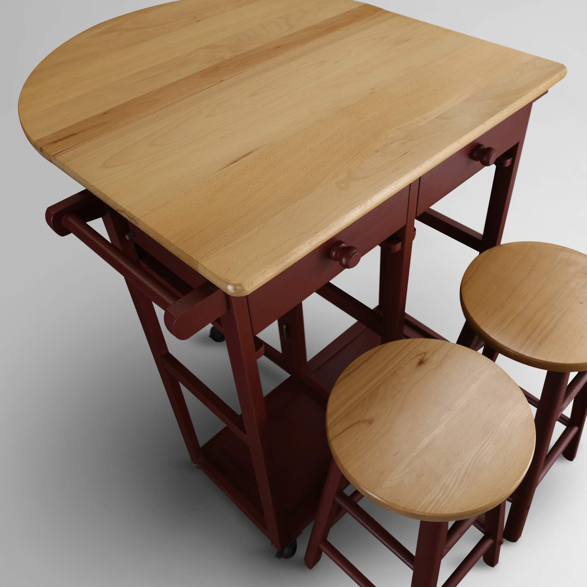Casual Home Drop Leaf Breakfast Cart with 2 Stools - Red | Space-Saving Kitchen Island for Small Apartments, Breakfast Nook & Dining Room | Perfect for Coffee, Snacks & Entertaining