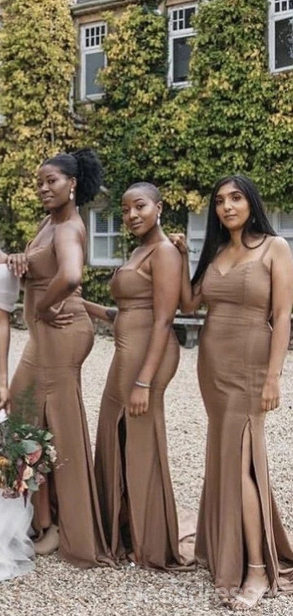 Elegant Dusty Brown Spaghetti Strap High Slit Bridesmaid Dress WG1054 - Perfect for Weddings, Parties & Formal Events