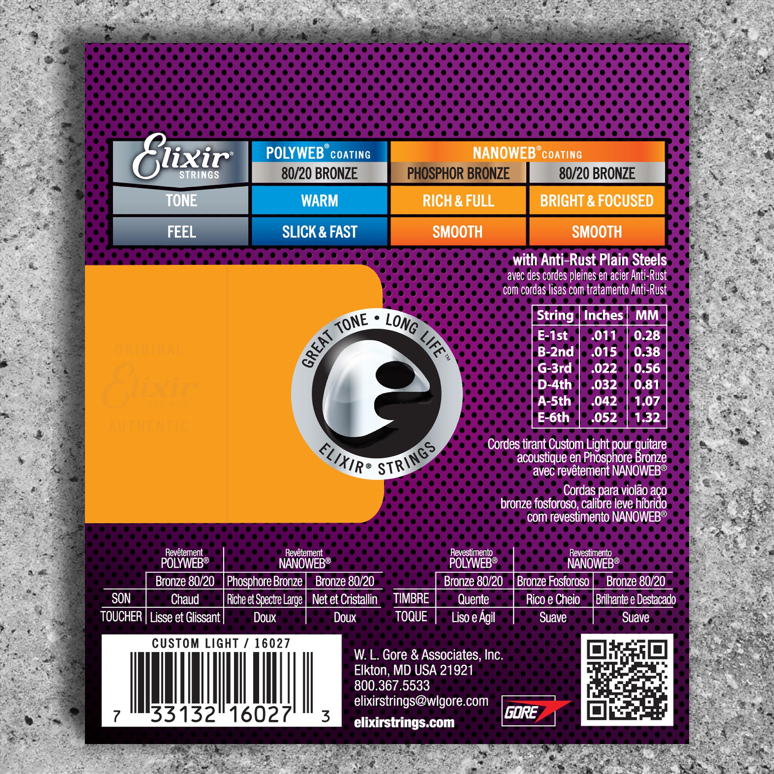 Elixir Acoustic Guitar Strings - Phosphor Bronze with NANOWEB Coating | Long-Lasting Rich Tone & Comfortable Feel | 6-String Set Custom Light 11-52 | Perfect for Live Performances, Studio Recording & Practice Sessions