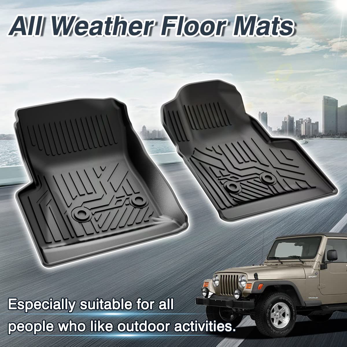 **Jeep Wrangler TJ Floor Mats (1997-2006) - Heavy Duty TPE All-Weather Protection, Front Row Liners with Electronic Pattern (2-Piece Set, Black) - Perfect for Off-Roading, Daily Commuting & Extreme Weather Conditions**