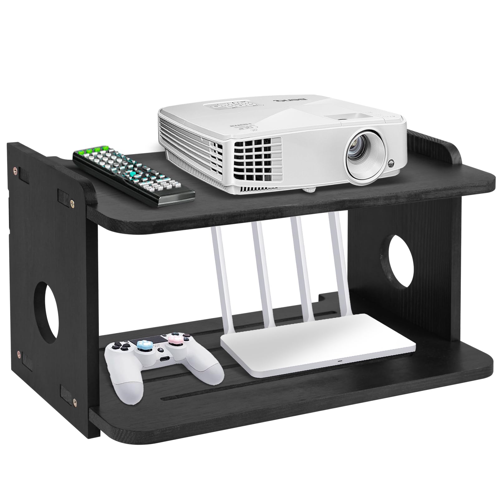 Wooden Projector Wall Mount Shelf - Floating Projector Stand, Rack Holder & Mount for Xbox Series, PS5, PS4 - Router & Modem Storage Box with Cable Management - Perfect for Home Theater & Gaming Setup