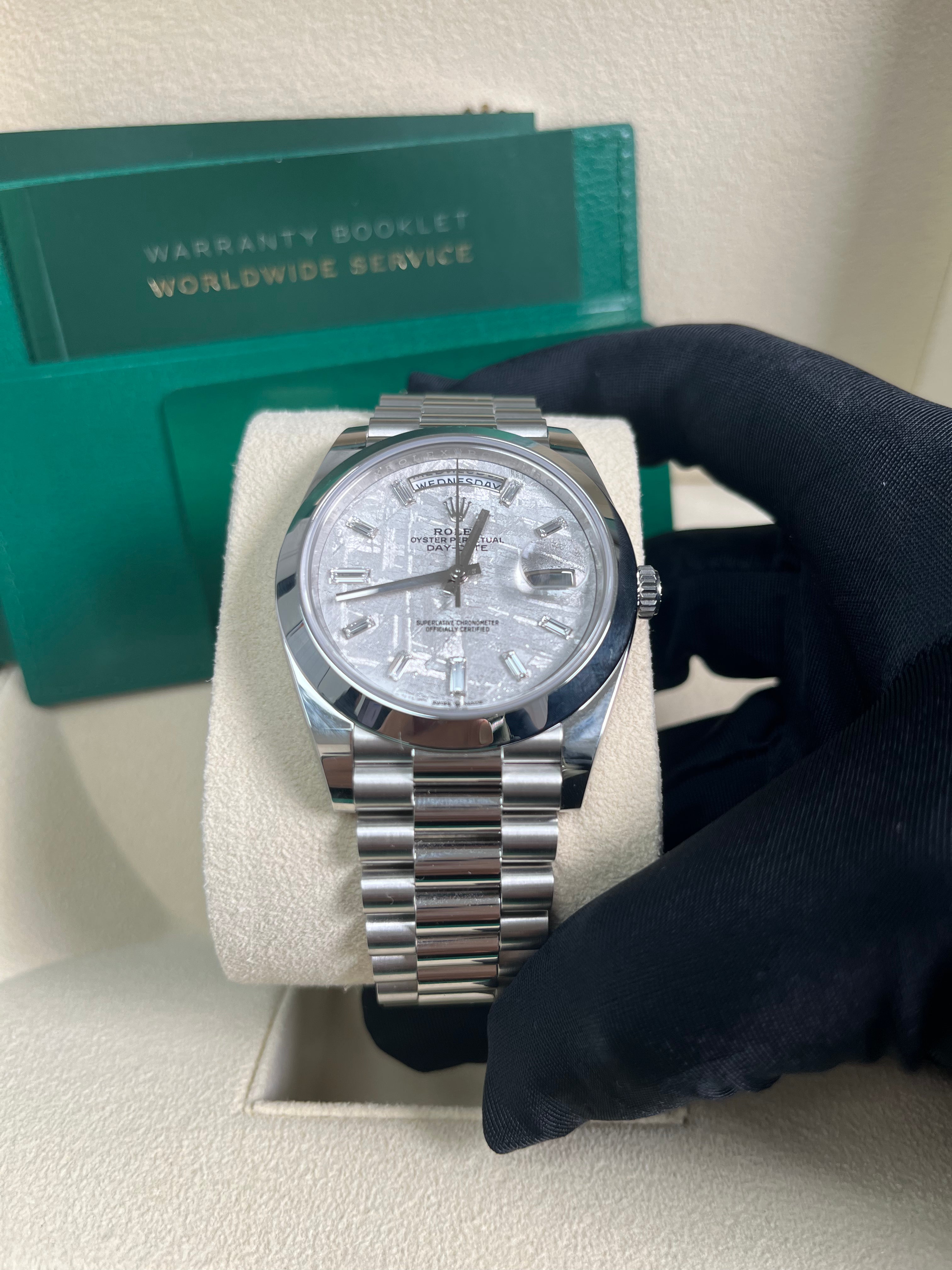 Rolex Day-Date 40 Platinum Watch with Meteorite Baguette Diamond Dial & President Bracelet – Luxury Dress Watch for Business & Formal Events (Model 228206)