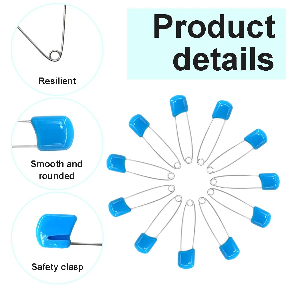 50 Pcs Baby Diaper Safety Pins - Plastic Head Nappy Pins with Lock for Secure Fastening (Blue) - Ideal for Cloth Diapers & Baby Care