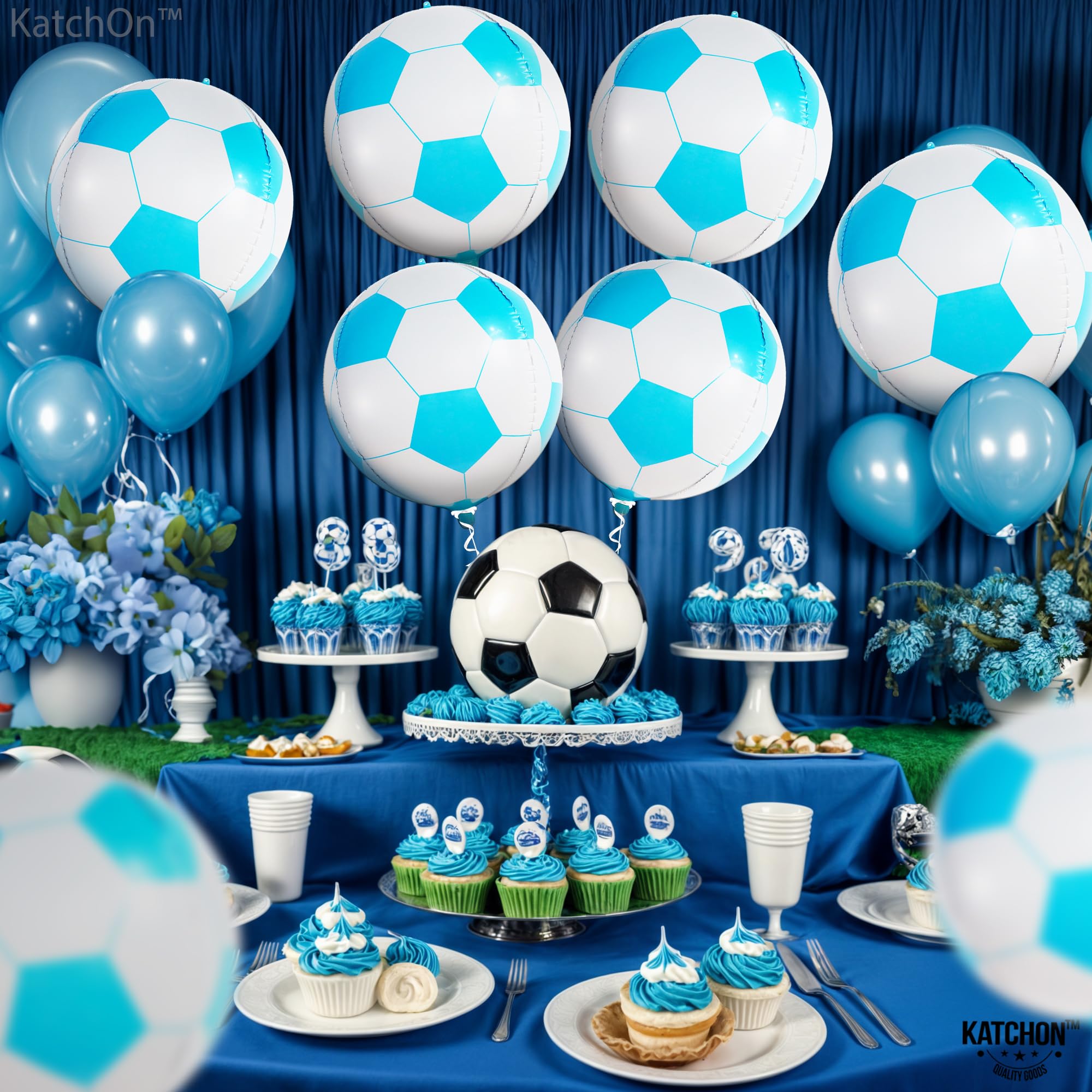 KatchOn 22 Inch Blue Soccer Balloons - Pack of 6 | Mylar Blue & White Soccer Ball Decorations for Gender Reveal, Baby Shower & Sports Themed Parties | Perfect for Birthday Celebrations, Team Events & Soccer Party Decor