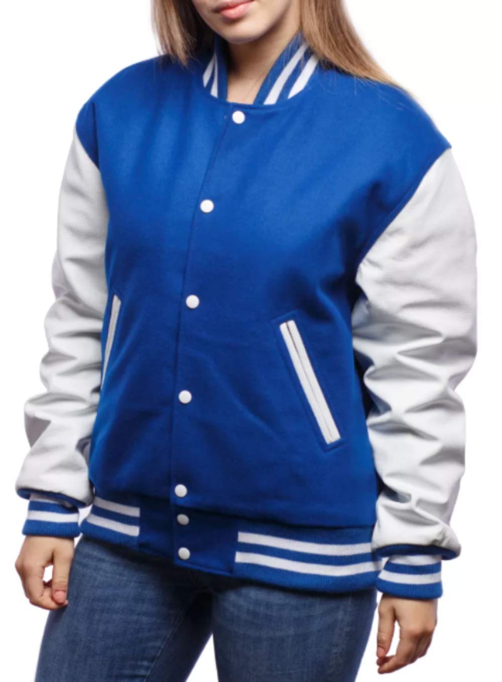 Royal Blue Wool & Genuine White Leather Sleeves Women's Varsity Jacket - Baseball Letterman Bomber School Jacket for Casual Wear & College Fashion