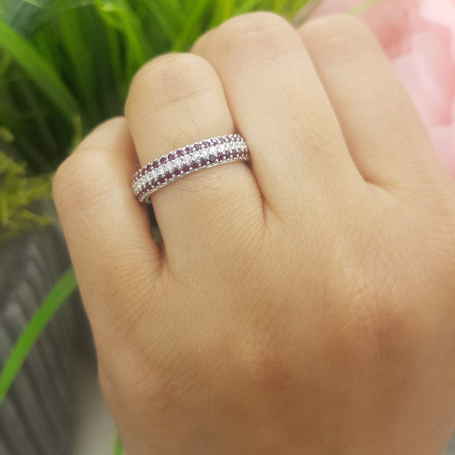 10K Solid White Gold Round White Diamond & Ruby Women's Anniversary Wedding Eternity Band Ring – Perfect for Engagements, Anniversaries & Special Occasions