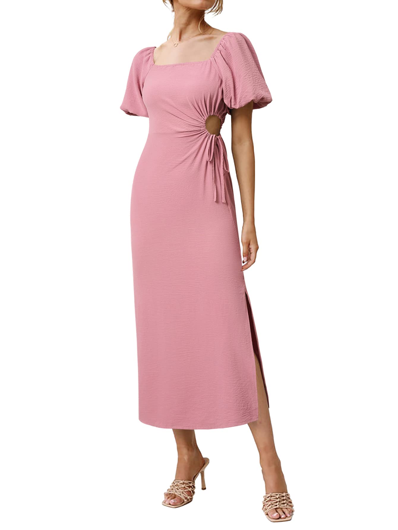 BIUBIU Women's Summer Midi Dress - Short Sleeve Casual Sundress with Side Cutout & Tie Split for Beach Vacation, Wedding Guest, Party | Flowy Comfortable Dress for Outdoor Events & Date Night