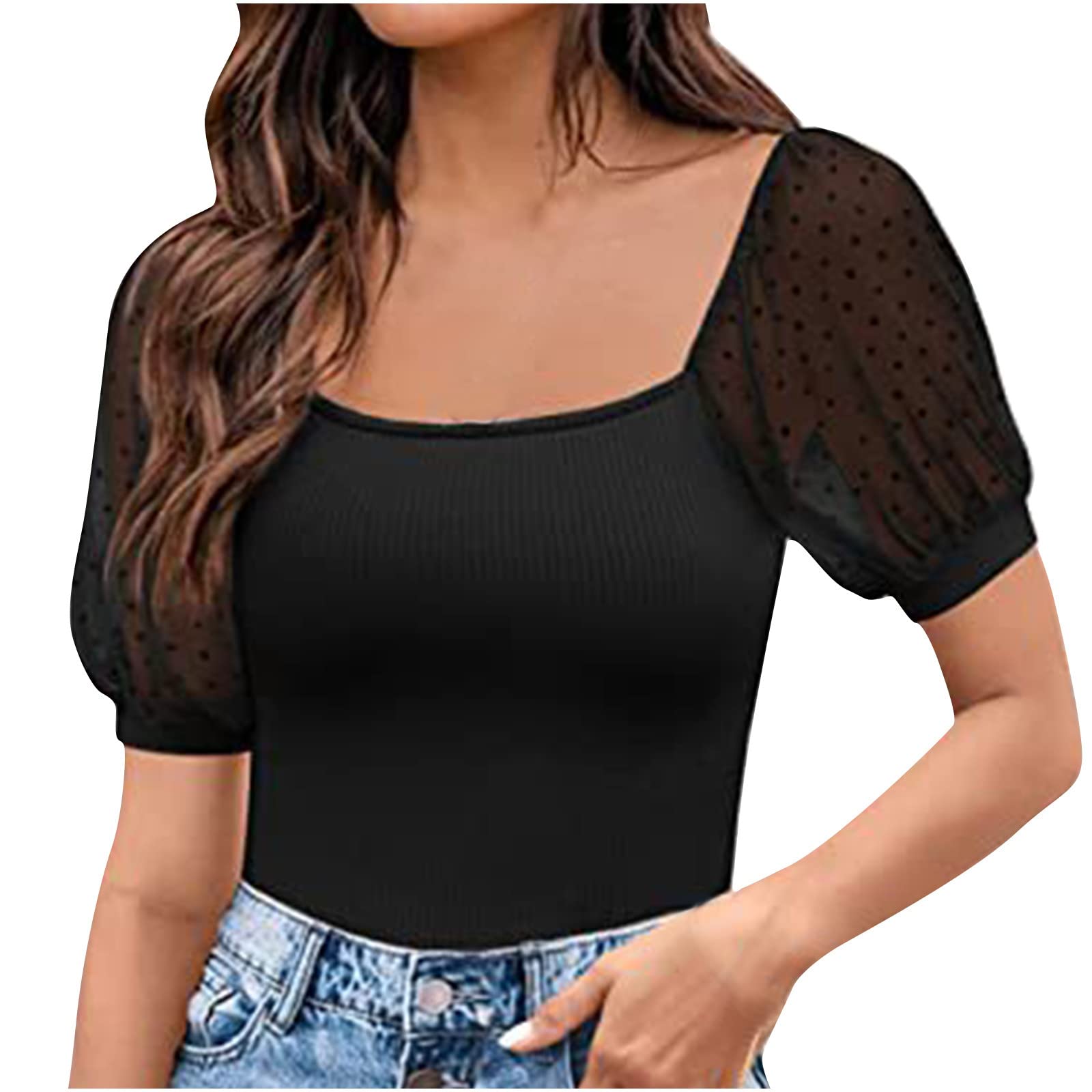 Women's Ribbed Square Neck Lace Lantern Sleeve Patchwork T-Shirt - Solid Color Crop Top for Casual & Semi-Formal Wear | Perfect for Date Nights, Office Outfits & Summer Fashion