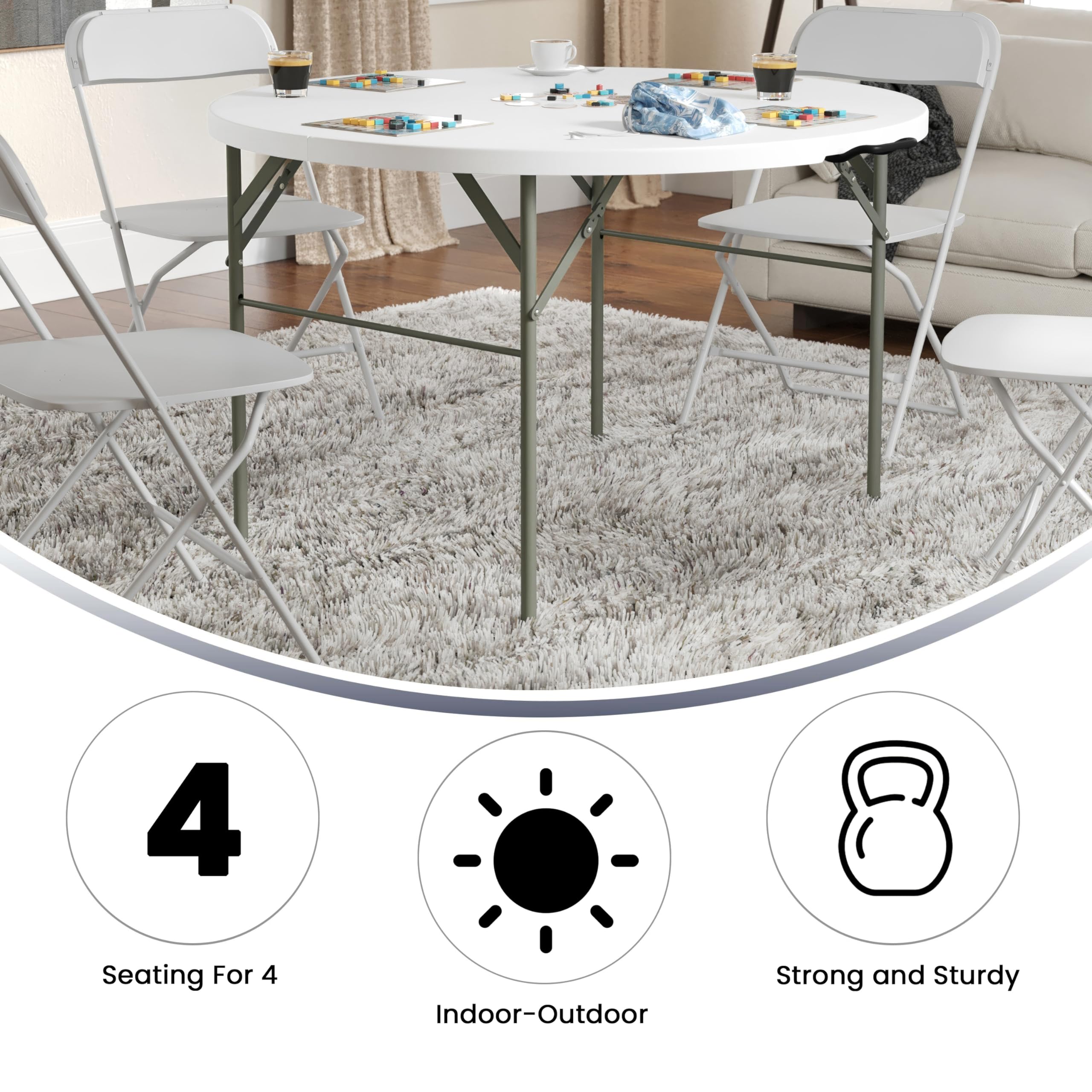 Flash Furniture Freeman 4-Foot Round Plastic Folding Table with Carrying Handle - Lightweight Bi-Fold Portable Banquet Table for Parties, Events, Picnics & Camping - Indoor/Outdoor Use - White
