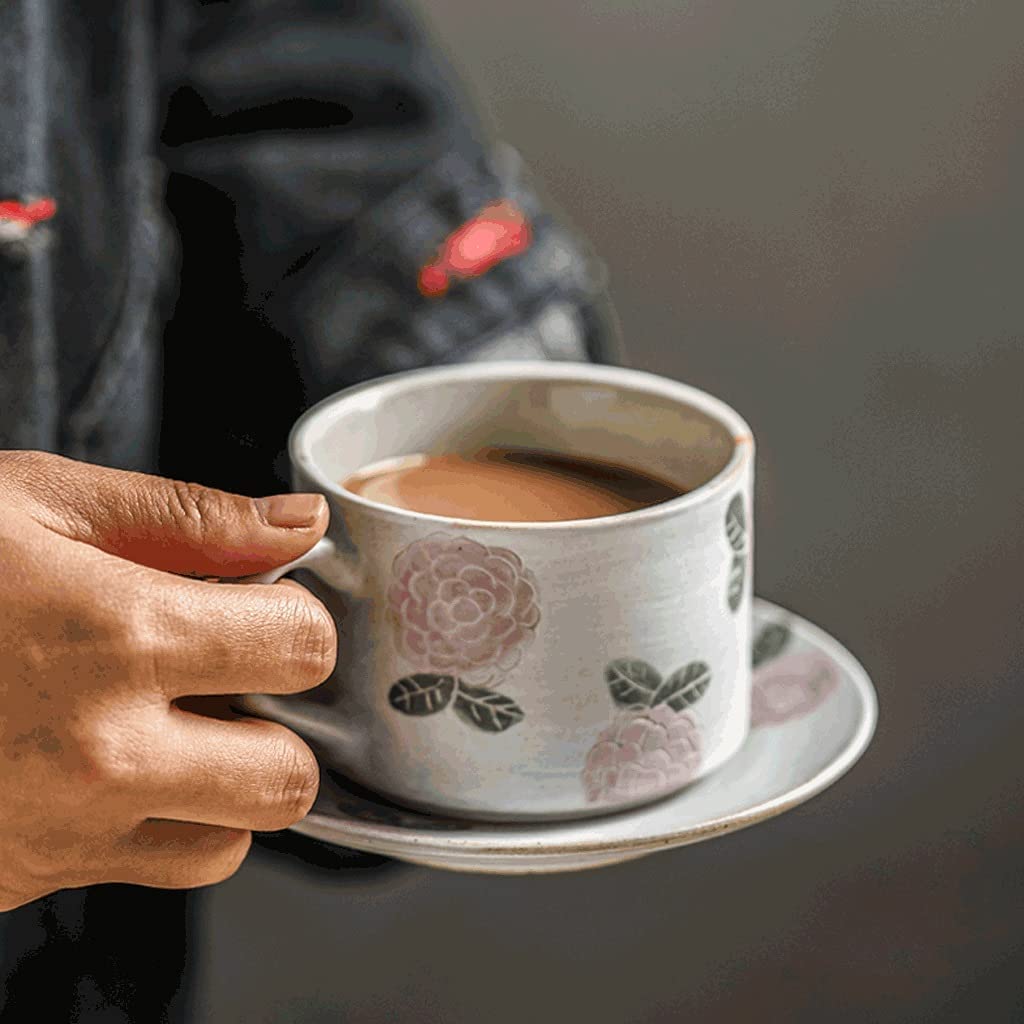 Hand-Carved Ceramic Coffee Mug and Saucer Set - 210ML Reusable Cup for Coffee, Tea, Milk & Juice - Perfect for Home, Office & Gifts (Color: E)