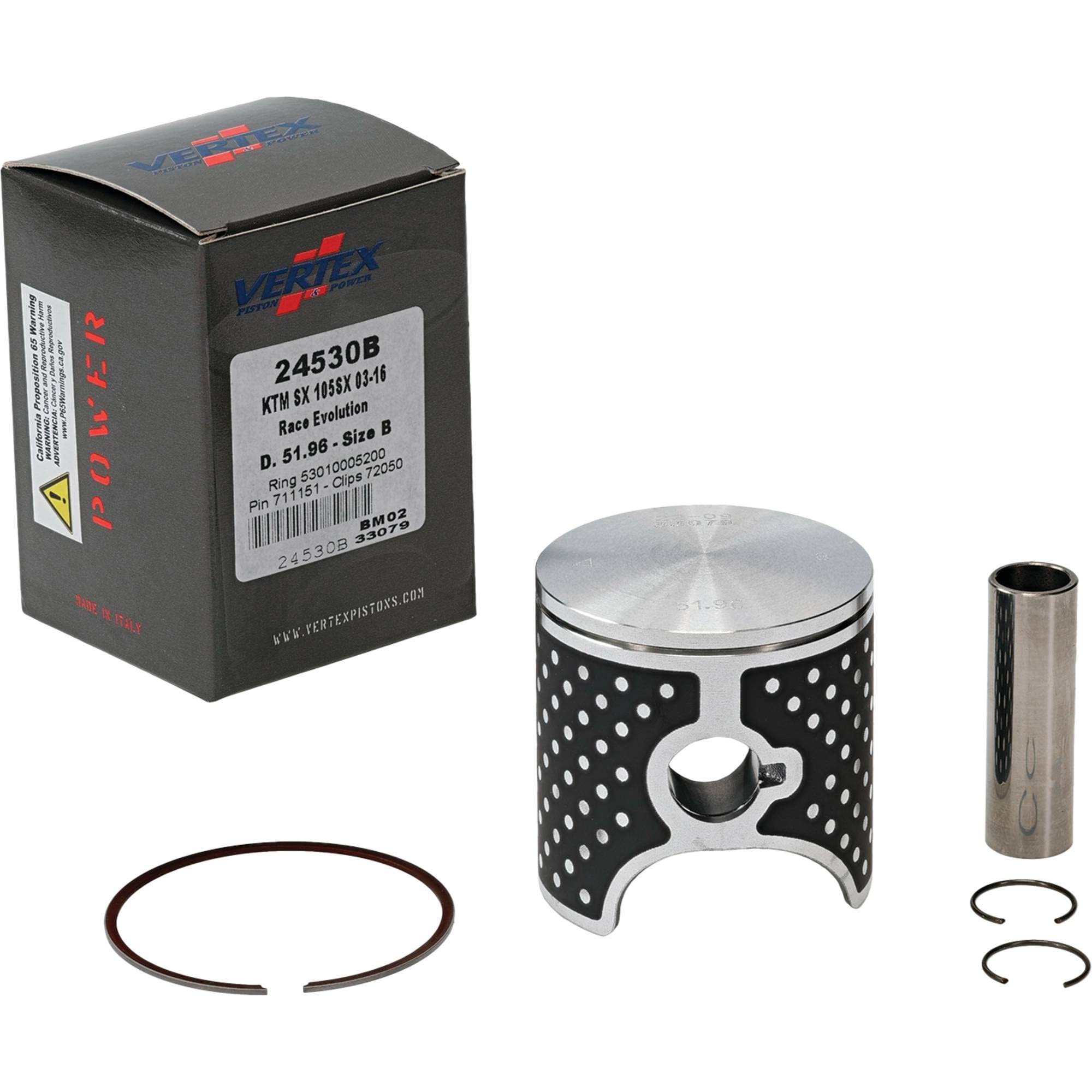 Vertex 24530B High Performance Cast Race Piston Kit - Replacement for KTM 105 SX (2004-2011) & 105 XC (2008-2009) - 52mm Bore, 112cc, STD Compression - Ideal for Motocross, Enduro & Off-Road Racing