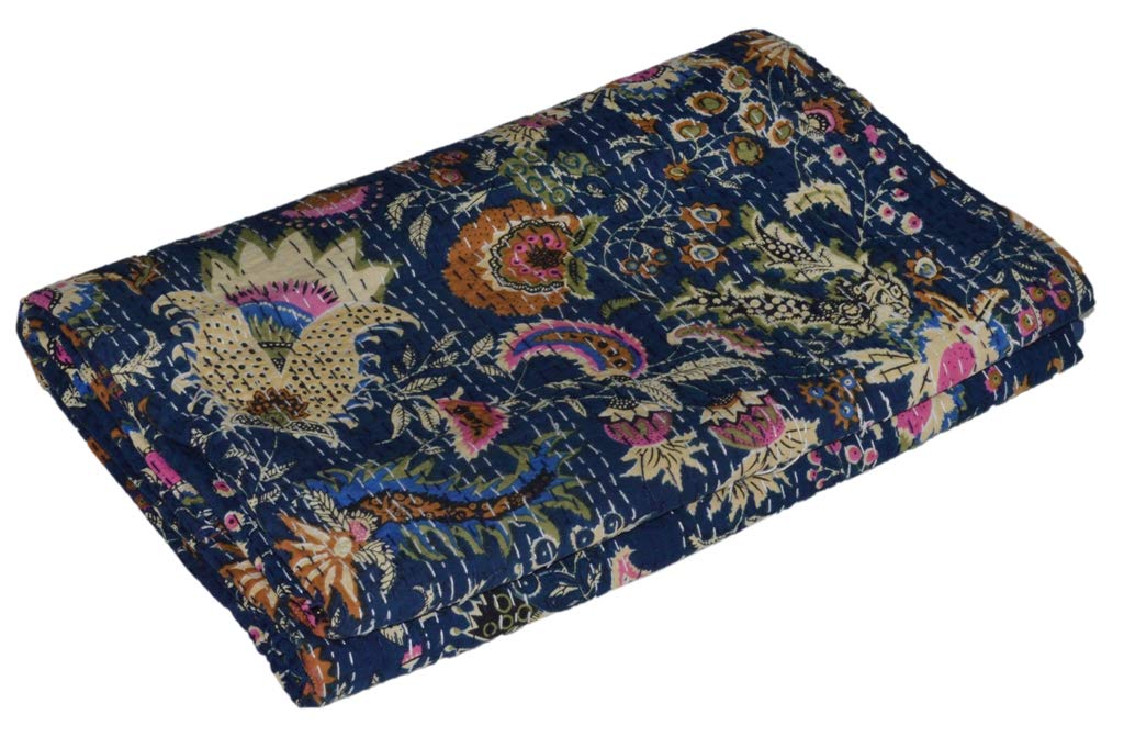Handmade Indian Single Mukat Print Kantha Quilt - Traditional Cotton Throw Blanket & Bedspread for Home Decor, Sofa, Bed, and Gift Giving