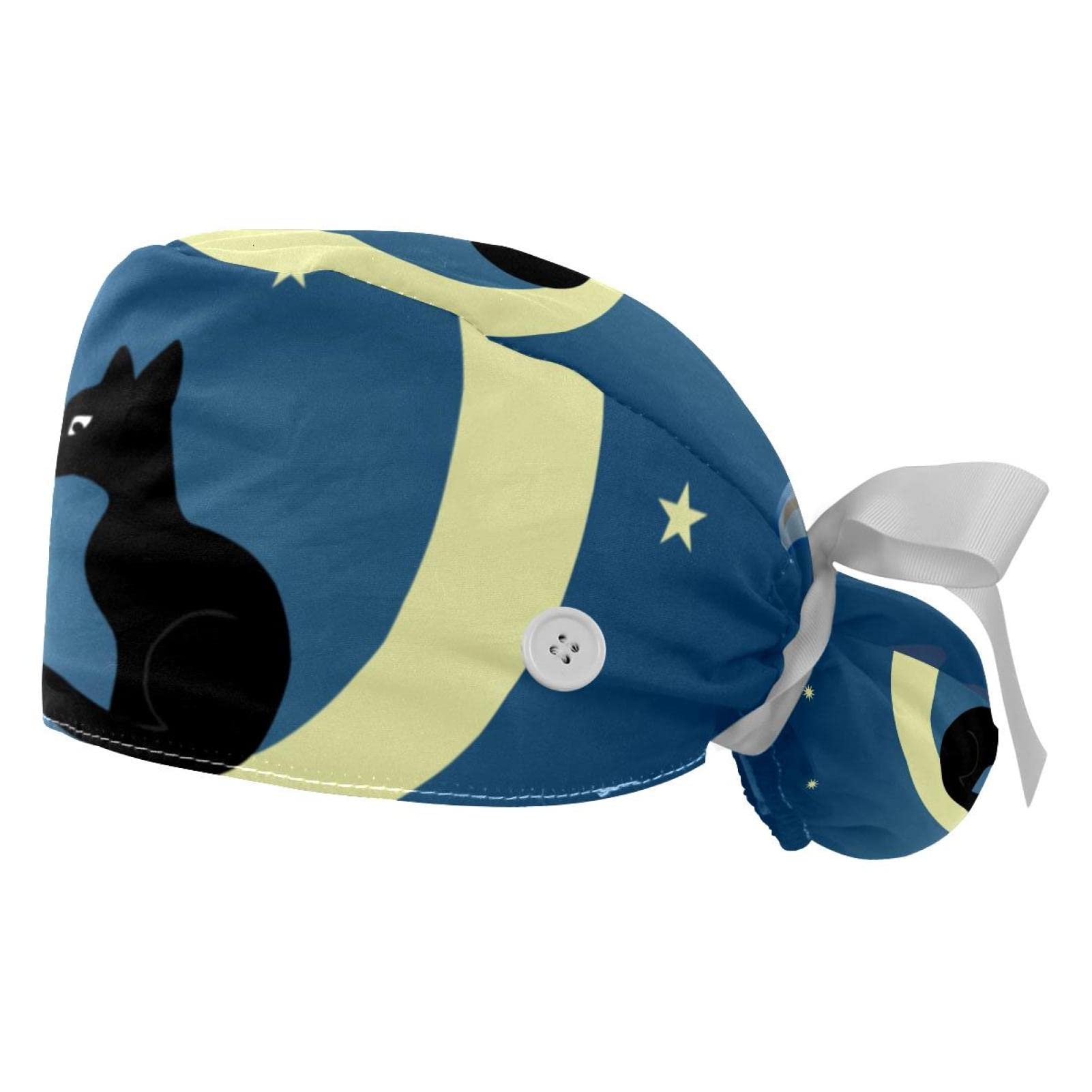 Cat Princess Heart Scrub Hats for Women & Men - 2 Pack Long Hair Surgical Caps with Button Closure & Sweatband - Unisex Tie Back Nurse Hats for Healthcare Workers, Doctors, and Food Service Professionals