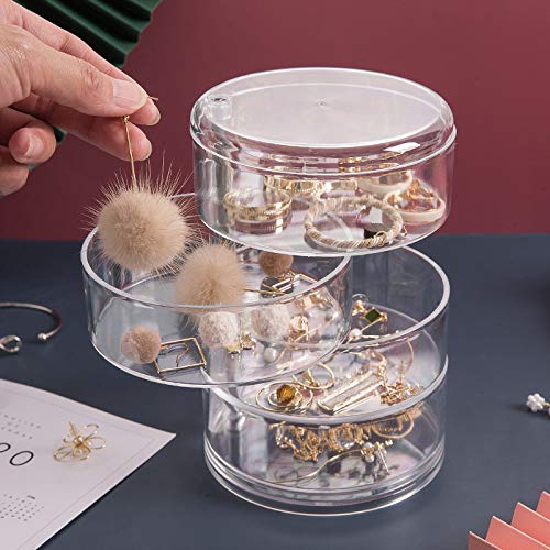 4-Layer Rotating Jewelry Organizer Box with Lid - Clear Travel Jewelry Storage Case for Rings, Earrings, Necklaces & Bracelets - Compact 4.5 x 4.5 x 7 Inch Jewelry Box for Women - Perfect for Travel, Gifts & Home Organization