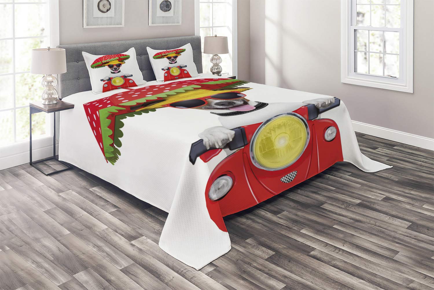 Ambesonne Funny Dog Driving Motorcycle Quilt Set - King Size 3-Piece Bedspread with 2 Pillow Shams, Red Holiday Themed Animal Coverlet - Perfect for Bedroom Decor, Gift Giving & Themed Parties