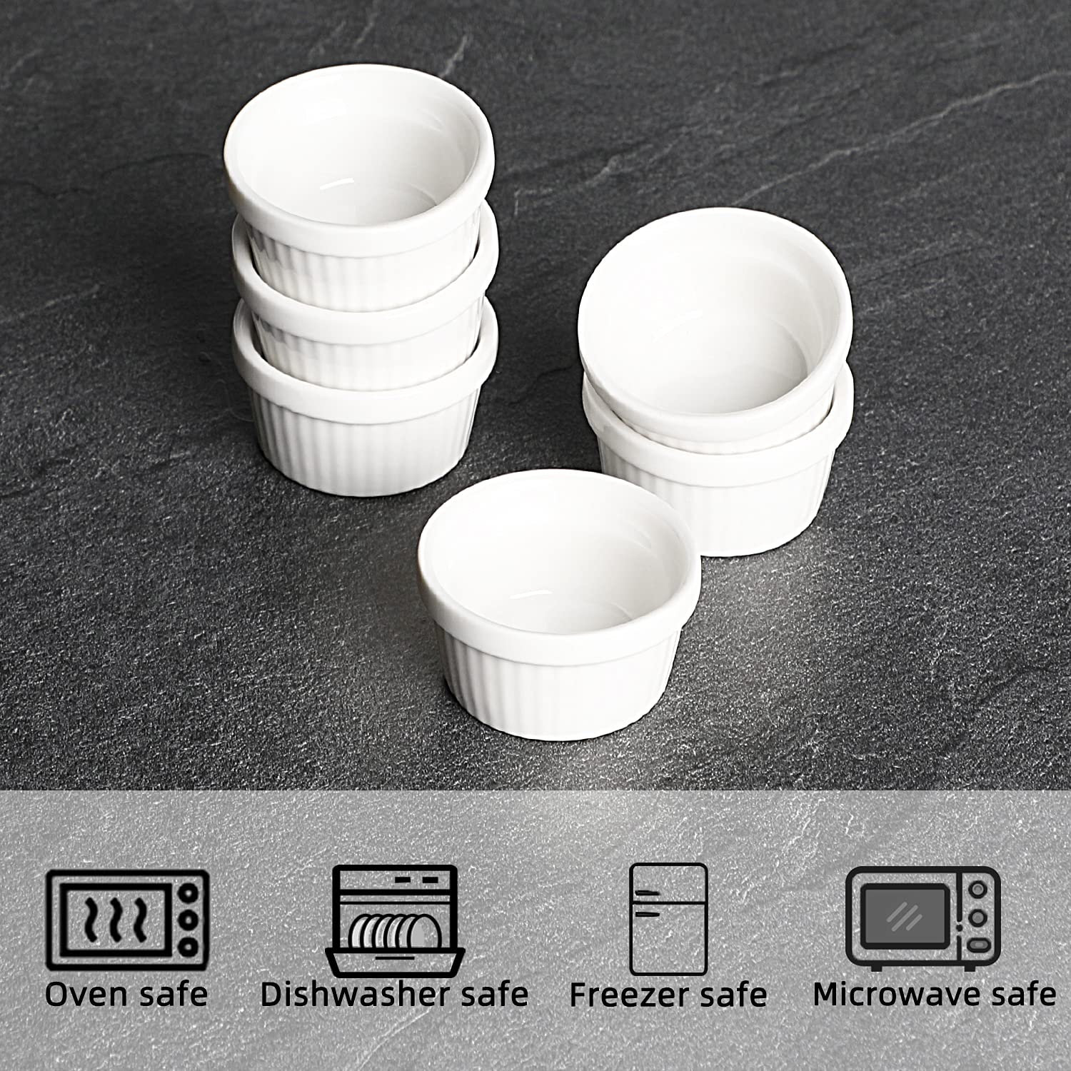 HAOTOP Mini Ramekins 1 oz (30ml) Porcelain Souffle Dish Set of 6 - Oven Safe Small Dipping Sauce & Dessert Cups for Baking, Serving Condiments, Ice Cream, Custard & Party Appetizers
