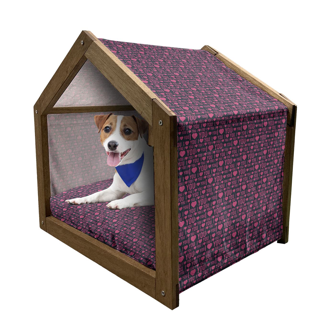 Ambesonne Wooden Pet House for Small Dogs - Romantic Heart & Love Words Design, Valentine's Couples Theme Indoor/Outdoor Portable Dog Kennel with Pillow & Cover - Perfect for Home, Garden, or Travel (Magenta & Dark Grey)