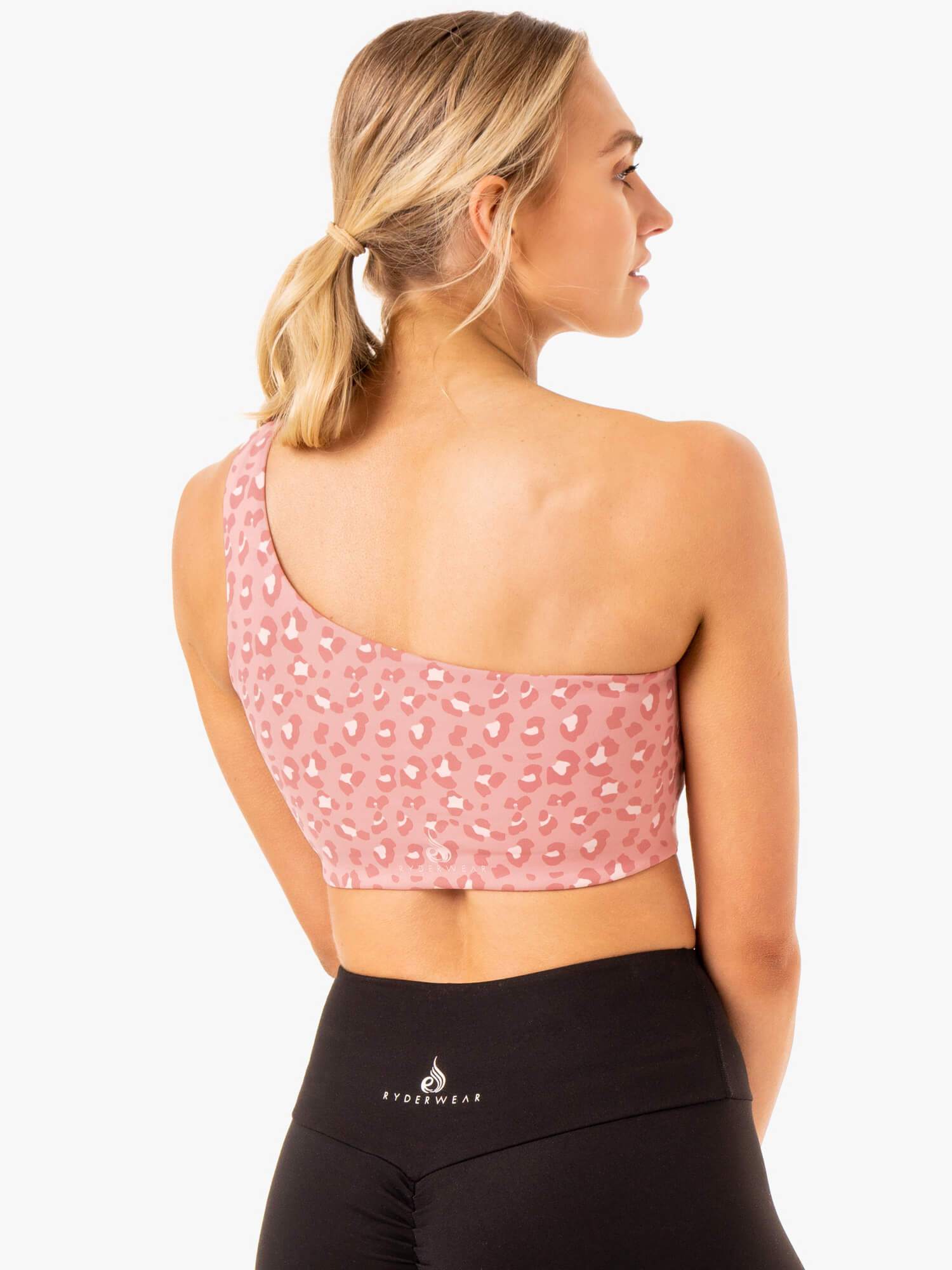 Adapt One Shoulder Sports Bra - Pink Leopard Print Workout Top for Women | Yoga, Running & Gym Fitness Apparel