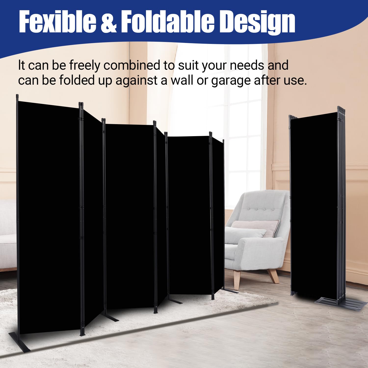 6 Panel Folding Room Divider Privacy Screen - 11 Ft Wide Portable Partition for Bedroom, Office & Studio - Black | Space Separator for Home, Events & Workspaces