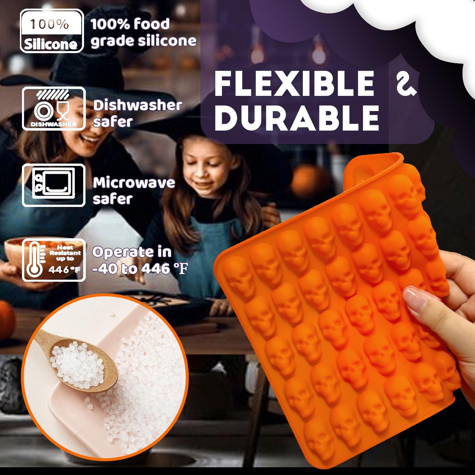 Mini Silicone Skull Molds for Halloween Candy, Chocolate & Gummy - 100 Cavity 2-Piece Set, BPA Free, Oven Safe - Perfect for DIY 3D Cookies, Wax Melts, Party Treats & Homemade Halloween Decorations