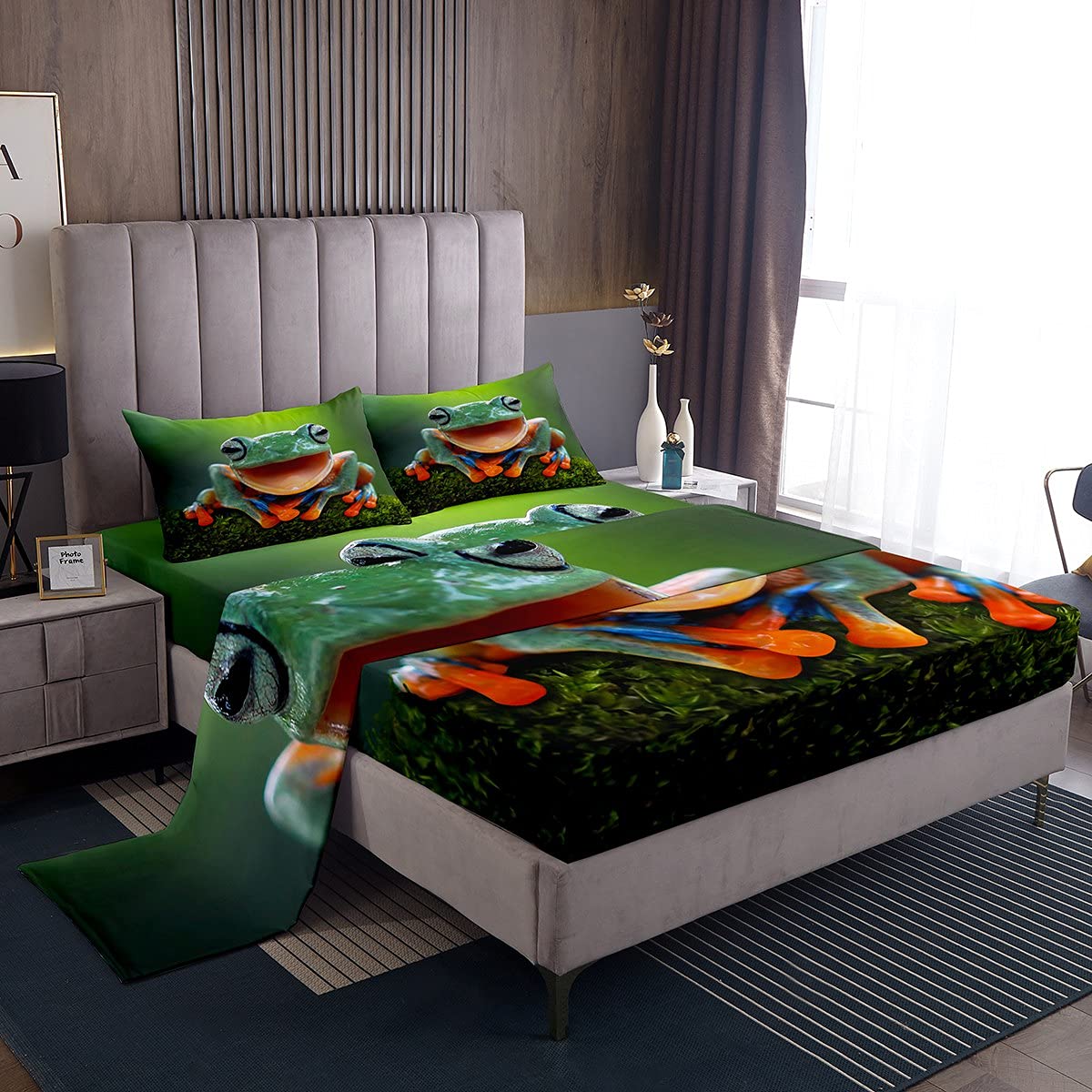 Feelyou Tropical Amphibian 3D Animal Print Bed Sheet Set for Kids - Queen Size Includes Fitted Sheet, Flat Sheet & 2 Pillowcases - Perfect for Boys' Jungle Themed Bedroom Decor