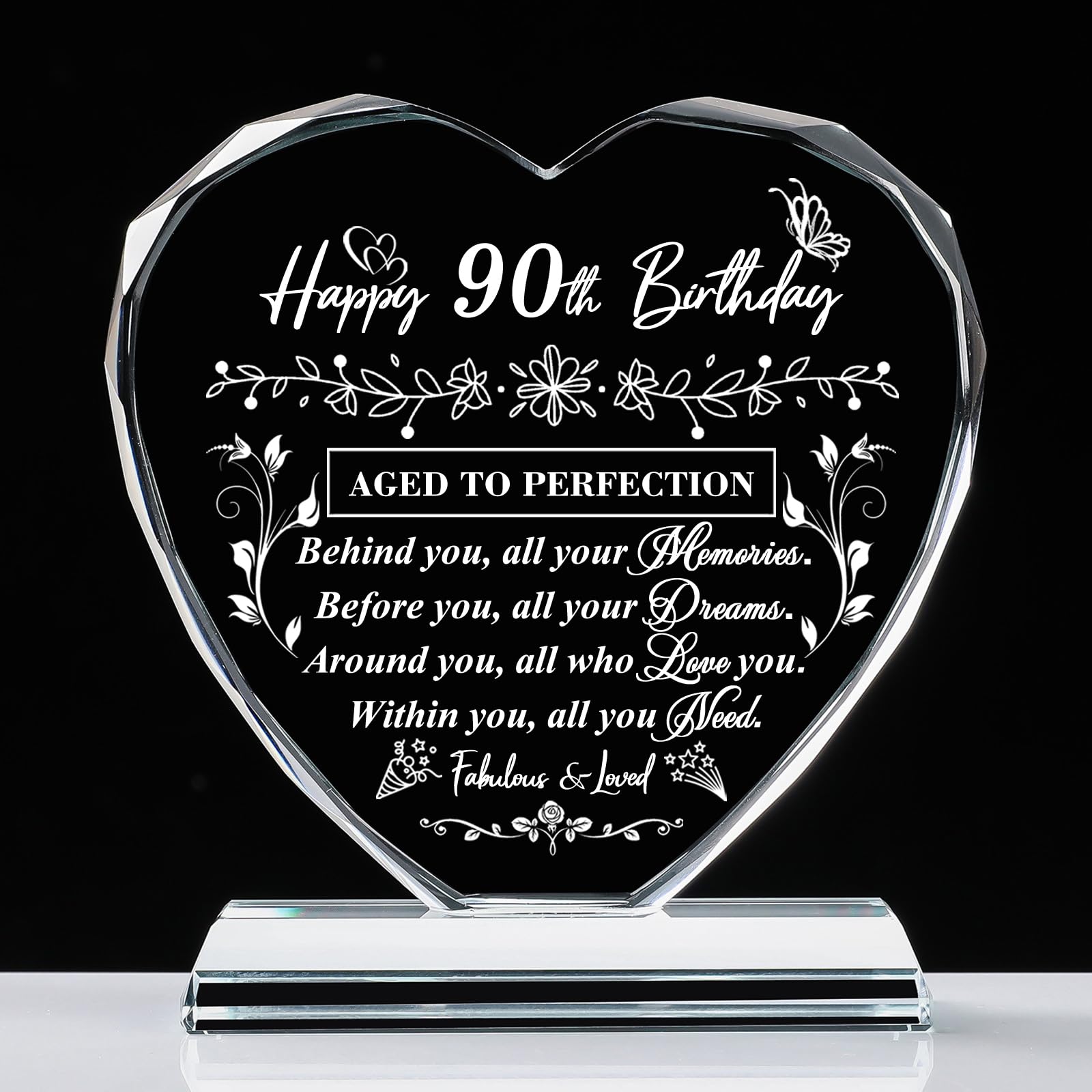 90th Birthday Gifts for Women & Men - Laser Engraved Glass Heart Keepsake - Unique 90th Birthday Decor for Husband, Wife, Mom, Dad & Friends - Perfect for Milestone Celebrations, Anniversaries & Retirement Parties