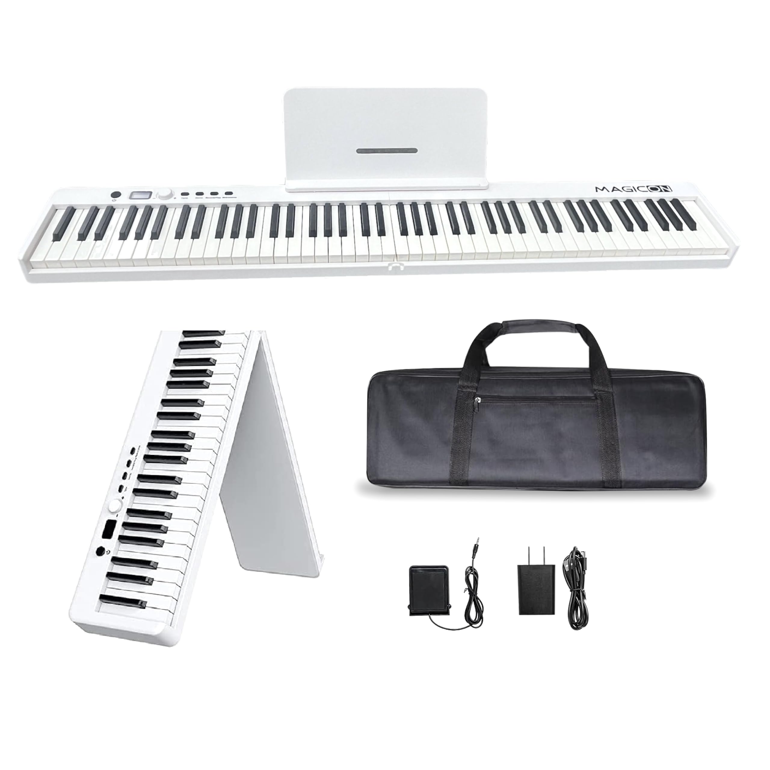 BX20 88键折叠电子钢琴，全尺寸半配重便携键盘，支持USB/MIDI/蓝牙，内置扬声器，含踏板和手提包，适合初学者和家庭娱乐(白色)