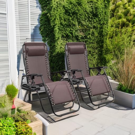 Homall Zero Gravity Reclining Chair - Patio, Lawn, Poolside & Beach Lounge Chair with Pillows - Heavy Duty Folding Outdoor Recliner for Backyard, Camping & Relaxation (Set of 2, Brown) - Perfect for Sunbathing, Reading & Outdoor Lounging