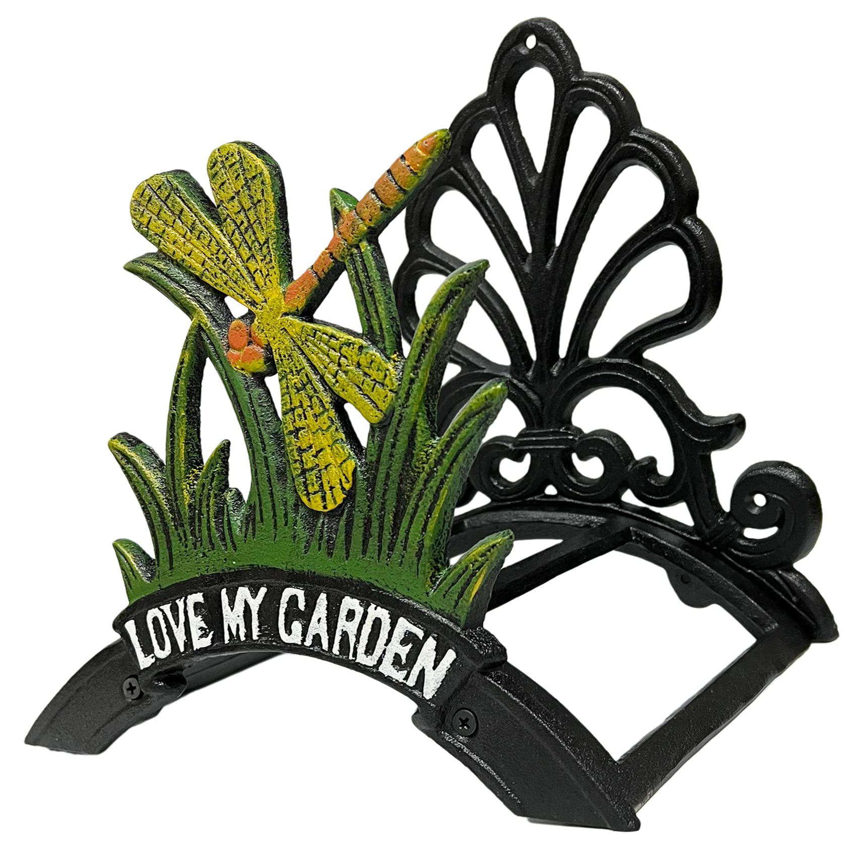 Heavy Duty Cast Iron Garden Hose Holder - Wall Mounted Hose Hanger for 50FT 75FT 100FT Water Pipe Storage | Decorative Dragonfly Design | Perfect for Yard, Lawn, and Outdoor Watering Organization