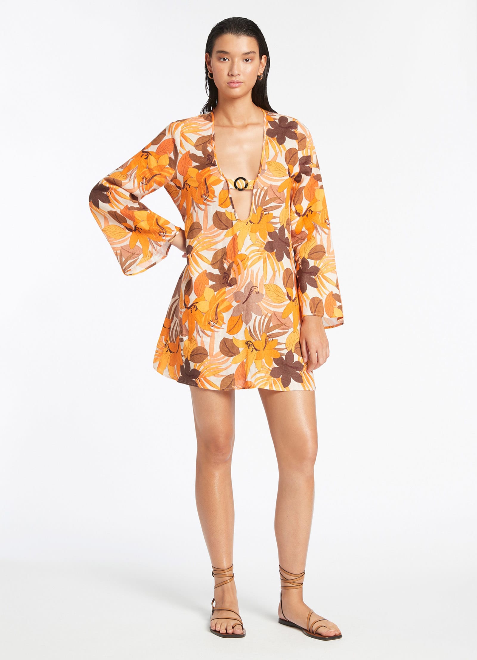 Floral Kaftan Dress for Women - Elegant Boho Maxi Dress in Latte Color - Perfect for Beach, Vacation, and Summer Outfits