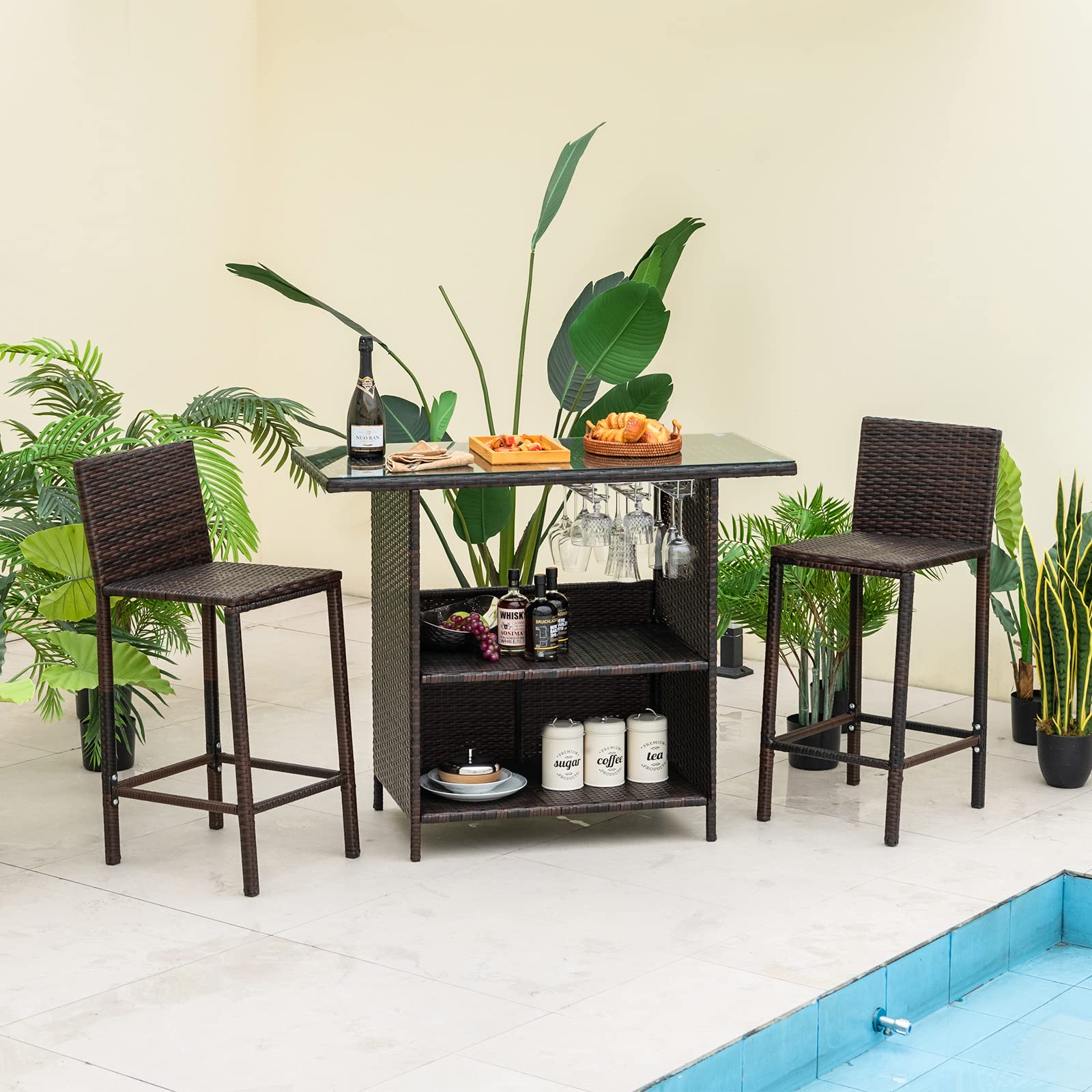 **Tangkula 3-Piece Outdoor Bar Set - Wicker Patio Bar Table & 2 Stools with Stemware Racks, Hidden Storage & Tempered Glass Top - Perfect for Backyard, Poolside, Garden (Mix Brown)**