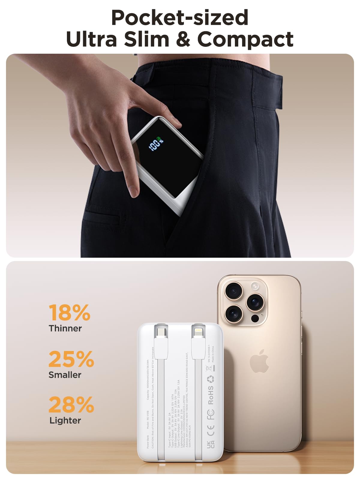 Aioneus 10000mAh Portable Charger with Built-in Cable - 22.5W Fast Charging Power Bank for iPhone 11/12/13/14/15/16, Samsung Galaxy S24/S23 & Android Phones - Perfect for Travel, Camping and Emergency Power Backup
