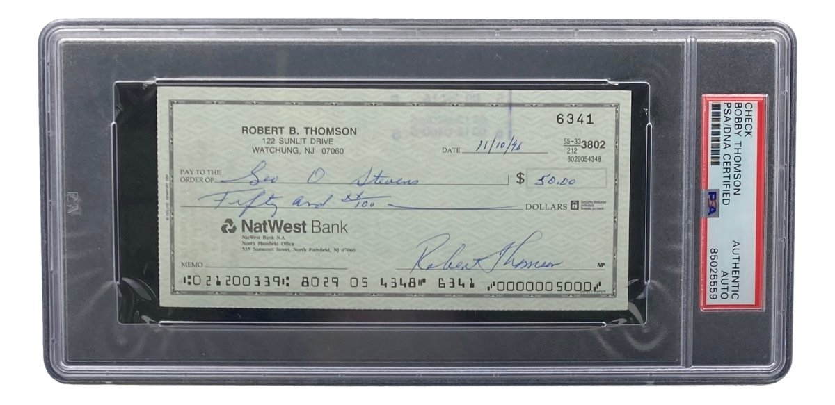 Authentic Bobby Thomson New York Giants Signed Bank Check with PSA/DNA Certification 85025559 - Perfect for Sports Memorabilia Collectors and Baseball Fans