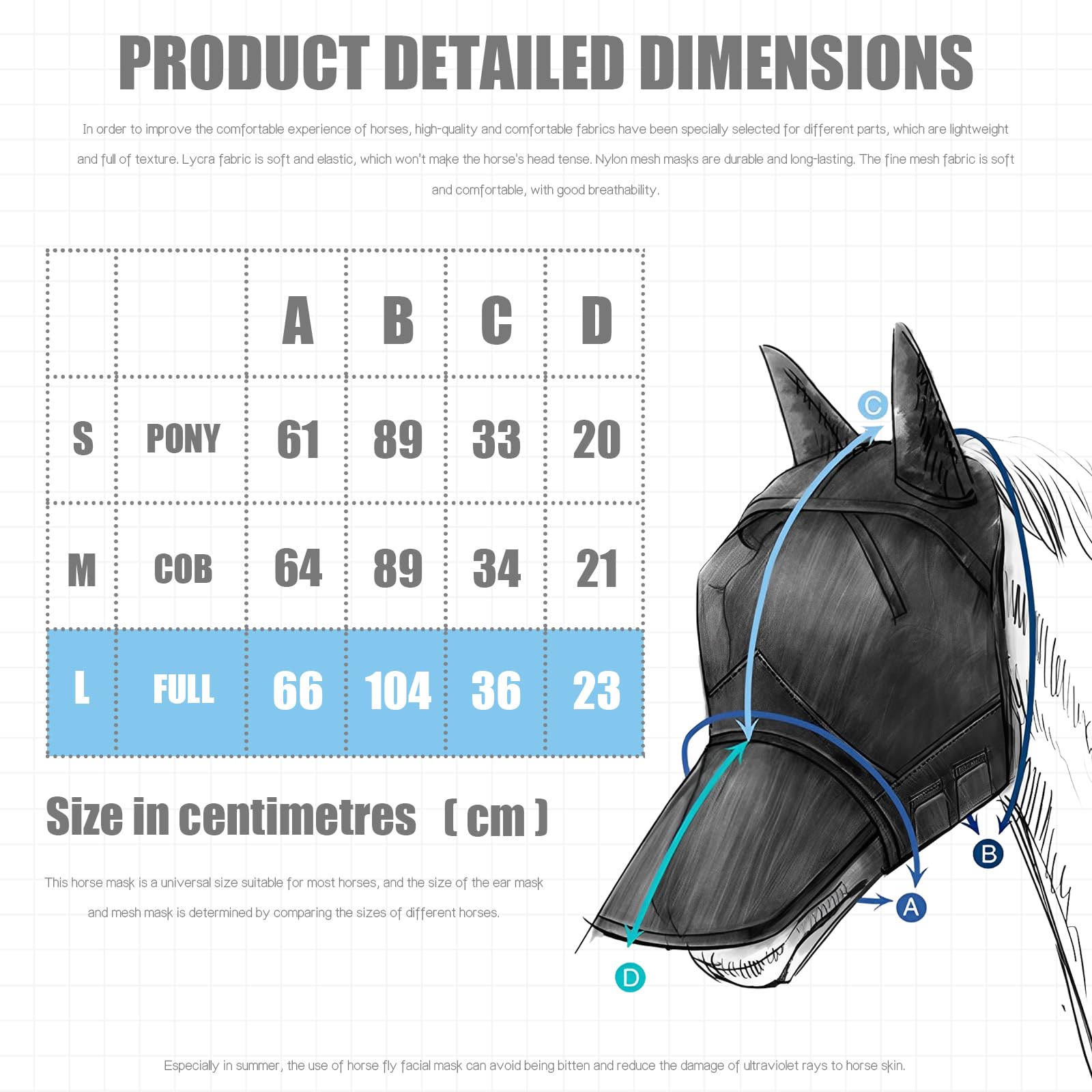 Premium Horse Fly Mask with Nose Cover & Ears Protection - Soft Mesh Fabric with Purple Trim for Summer - Blue Size L | Ideal for Pasture, Riding & Show Protection