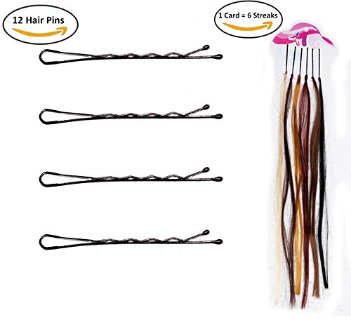 12 Black Metal Bobby Pins & 6 Party Hair Streaks Highlights Set - Hair Accessories for Women, Styling, Updos & Costume Parties (Multi-Color)